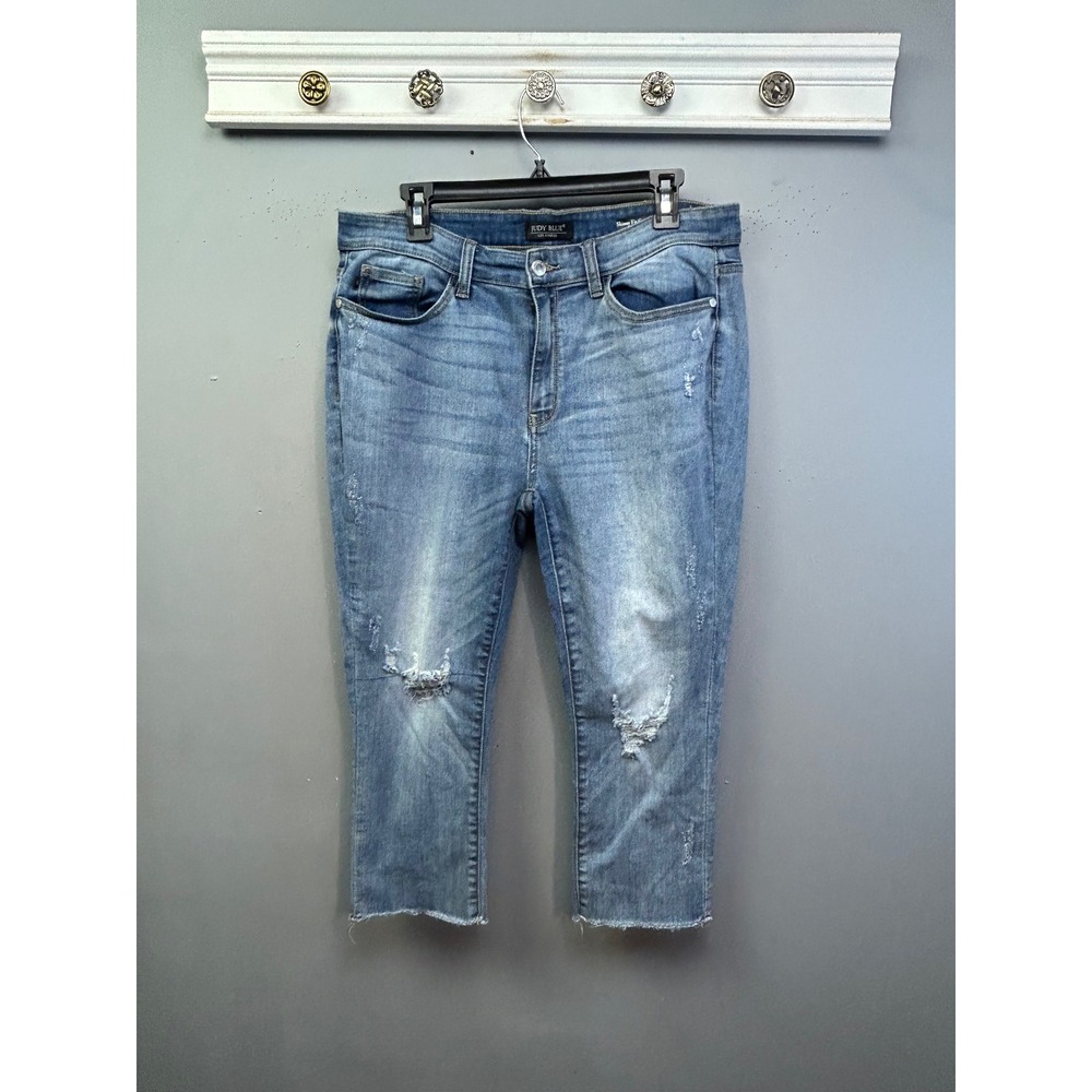 Judy Blue Capri Jeans Womens 15 Blue Skinny Distressed Raw Hem Mid Rise Denim
